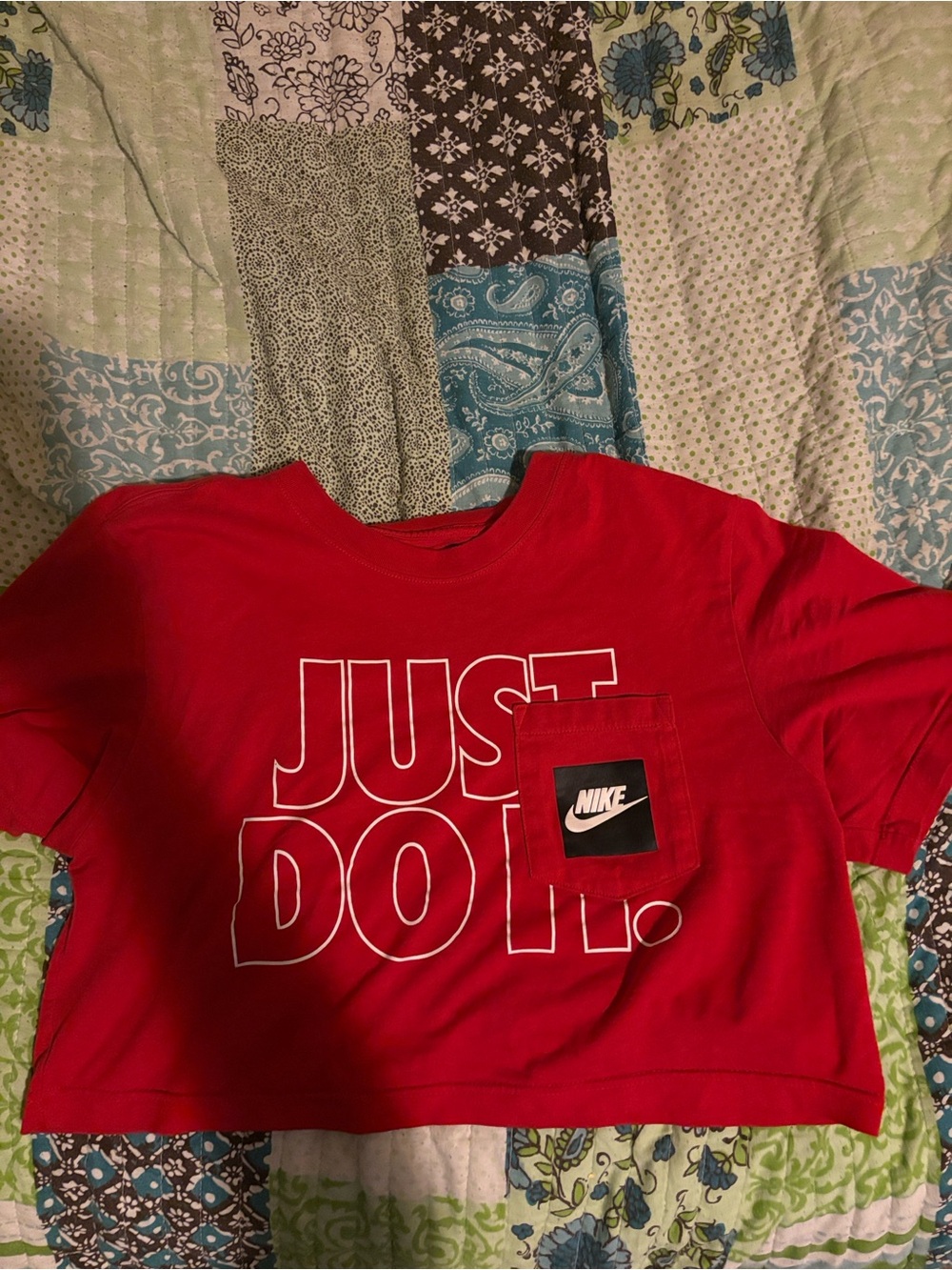 Nike Red "Just Do It." Short Sleeve Crop Tee with Pocket Logo